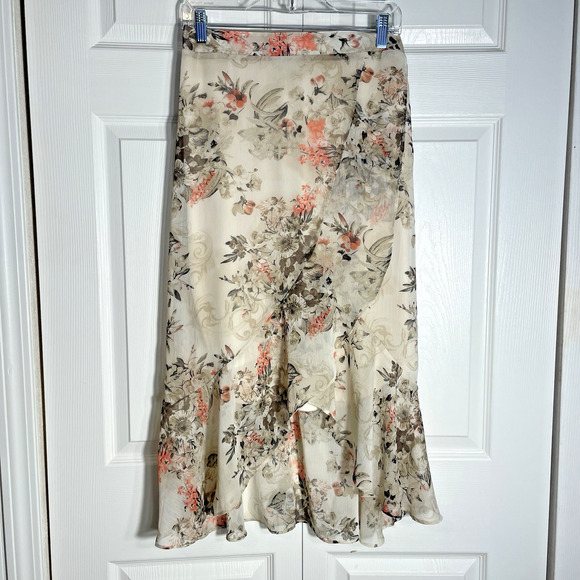 Vintage Y2K Sara Michelle Skirt Women Medium Beige Floral Whimsey Ruffle High Lo - Picture 1 of 9